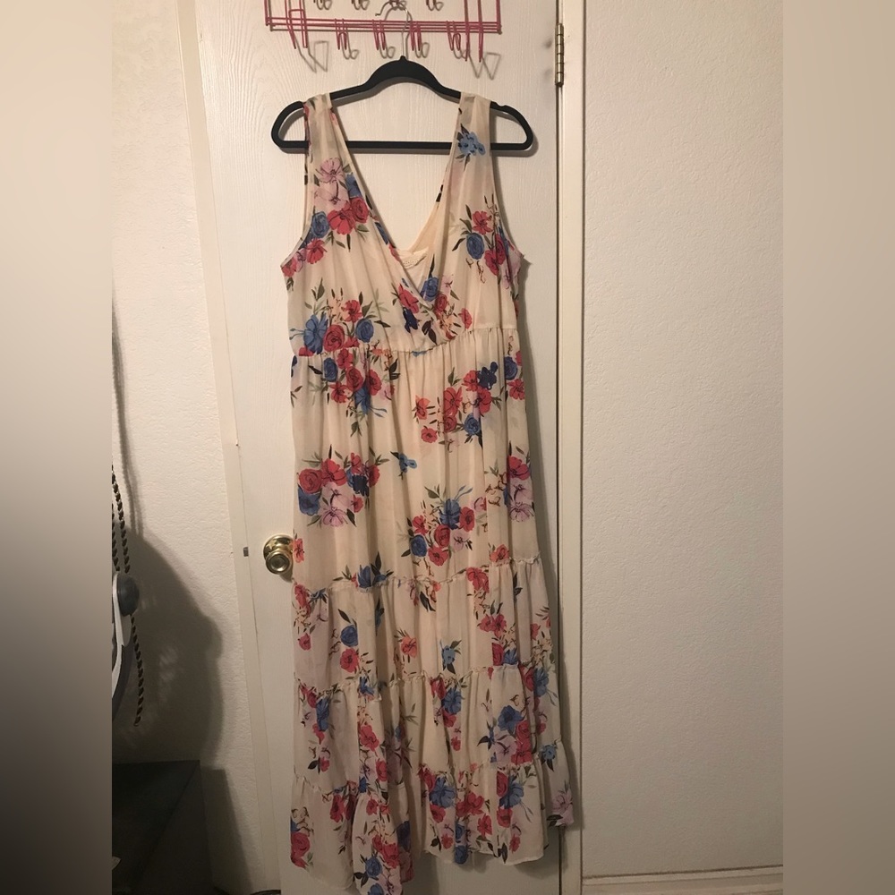 Torrid maxi beige with blue and pink floral dress, sheer and liner
